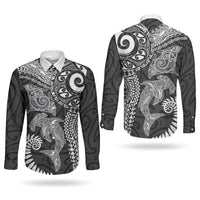 Aotearoa Maori Sea Animals Tribal Couples Matching Tank Maxi Dress and Long Sleeve Button Shirt Manta Ray and Shark Moko Pattern Black Color LT03 - Polynesian Pride