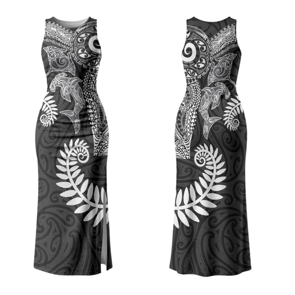 Aotearoa Maori Sea Animals Tribal Couples Matching Tank Maxi Dress and Long Sleeve Button Shirt Manta Ray and Shark Moko Pattern Black Color LT03 - Polynesian Pride