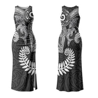 Aotearoa Maori Sea Animals Tribal Couples Matching Tank Maxi Dress and Long Sleeve Button Shirt Manta Ray and Shark Moko Pattern Black Color LT03 - Polynesian Pride