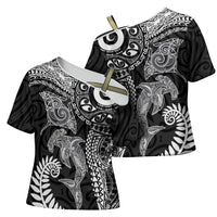 Aotearoa Maori Sea Animals Tribal Cross Shoulder Shirt Manta Ray and Shark Moko Pattern Black Color