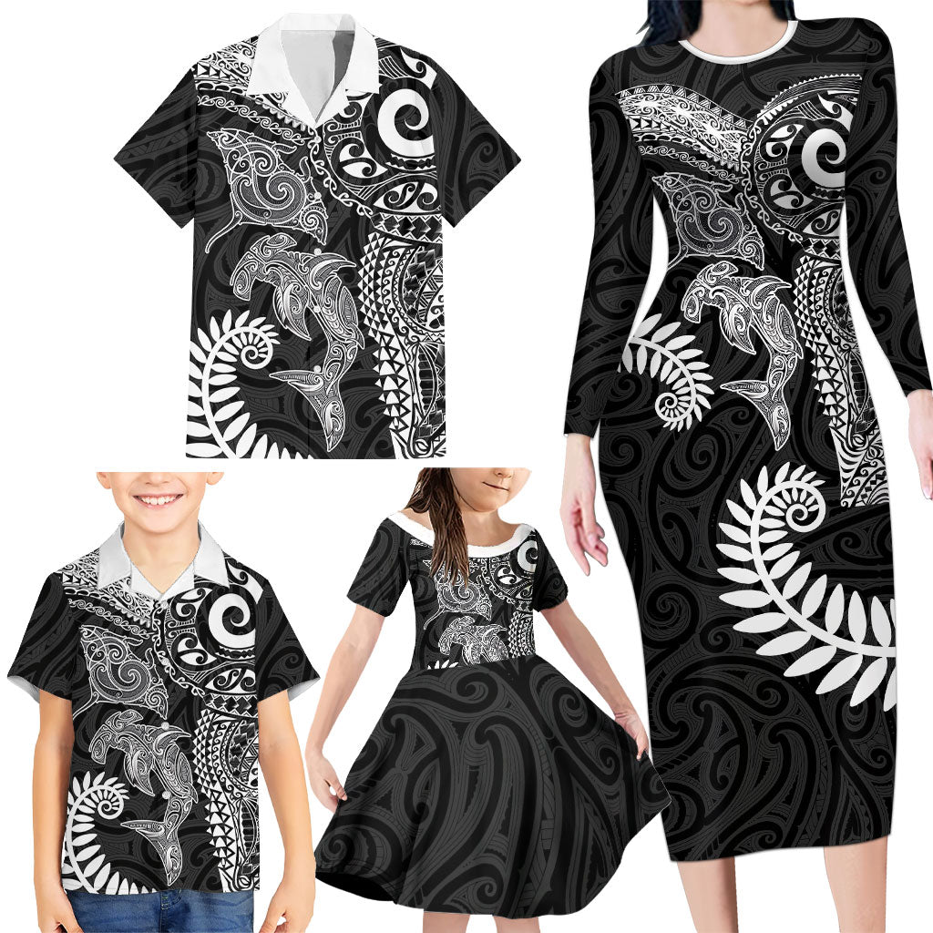 Aotearoa Maori Sea Animals Tribal Family Matching Long Sleeve Bodycon Dress and Hawaiian Shirt Manta Ray and Shark Moko Pattern Black Color