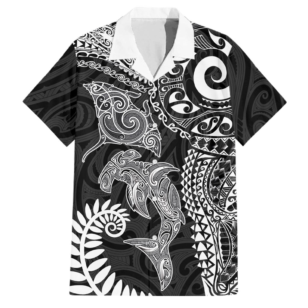Aotearoa Maori Sea Animals Tribal Family Matching Long Sleeve Bodycon Dress and Hawaiian Shirt Manta Ray and Shark Moko Pattern Black Color