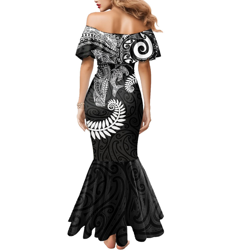 Aotearoa Maori Sea Animals Tribal Family Matching Mermaid Dress and Hawaiian Shirt Manta Ray and Shark Moko Pattern Black Color