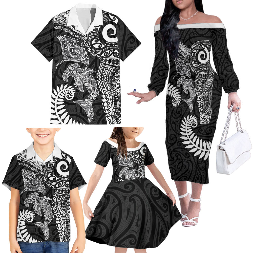 Aotearoa Maori Sea Animals Tribal Family Matching Off The Shoulder Long Sleeve Dress and Hawaiian Shirt Manta Ray and Shark Moko Pattern Black Color