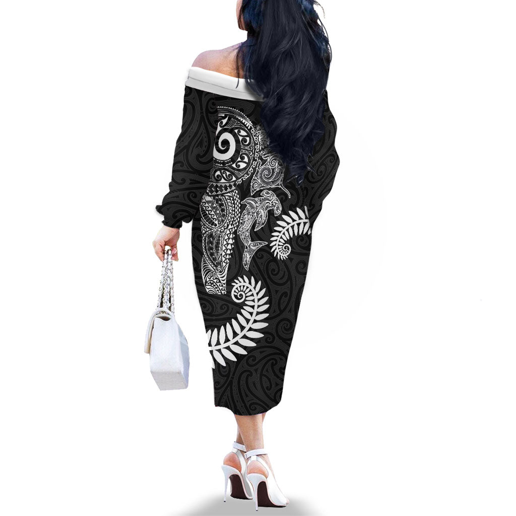 Aotearoa Maori Sea Animals Tribal Family Matching Off The Shoulder Long Sleeve Dress and Hawaiian Shirt Manta Ray and Shark Moko Pattern Black Color