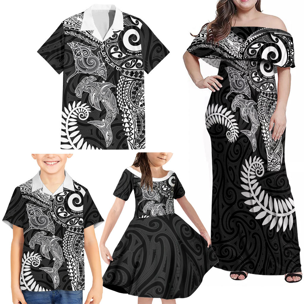 Aotearoa Maori Sea Animals Tribal Family Matching Off Shoulder Maxi Dress and Hawaiian Shirt Manta Ray and Shark Moko Pattern Black Color