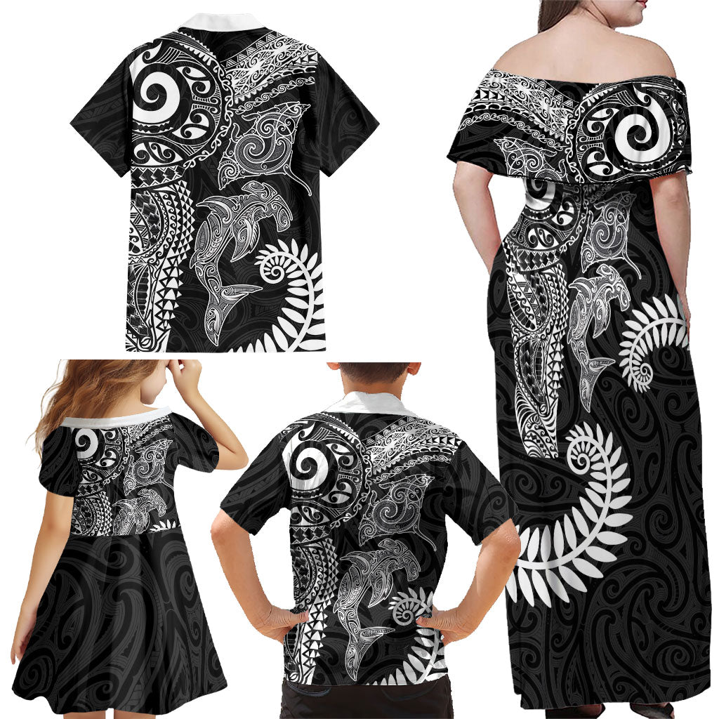 Aotearoa Maori Sea Animals Tribal Family Matching Off Shoulder Maxi Dress and Hawaiian Shirt Manta Ray and Shark Moko Pattern Black Color