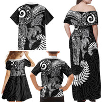 Aotearoa Maori Sea Animals Tribal Family Matching Off Shoulder Maxi Dress and Hawaiian Shirt Manta Ray and Shark Moko Pattern Black Color