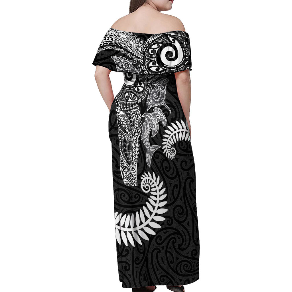 Aotearoa Maori Sea Animals Tribal Family Matching Off Shoulder Maxi Dress and Hawaiian Shirt Manta Ray and Shark Moko Pattern Black Color