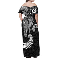 Aotearoa Maori Sea Animals Tribal Family Matching Off Shoulder Maxi Dress and Hawaiian Shirt Manta Ray and Shark Moko Pattern Black Color