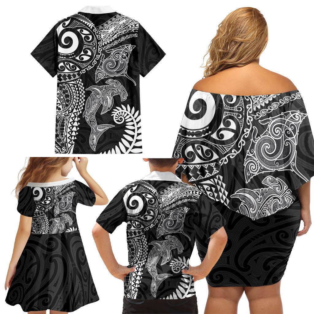 Aotearoa Maori Sea Animals Tribal Family Matching Off Shoulder Short Dress and Hawaiian Shirt Manta Ray and Shark Moko Pattern Black Color