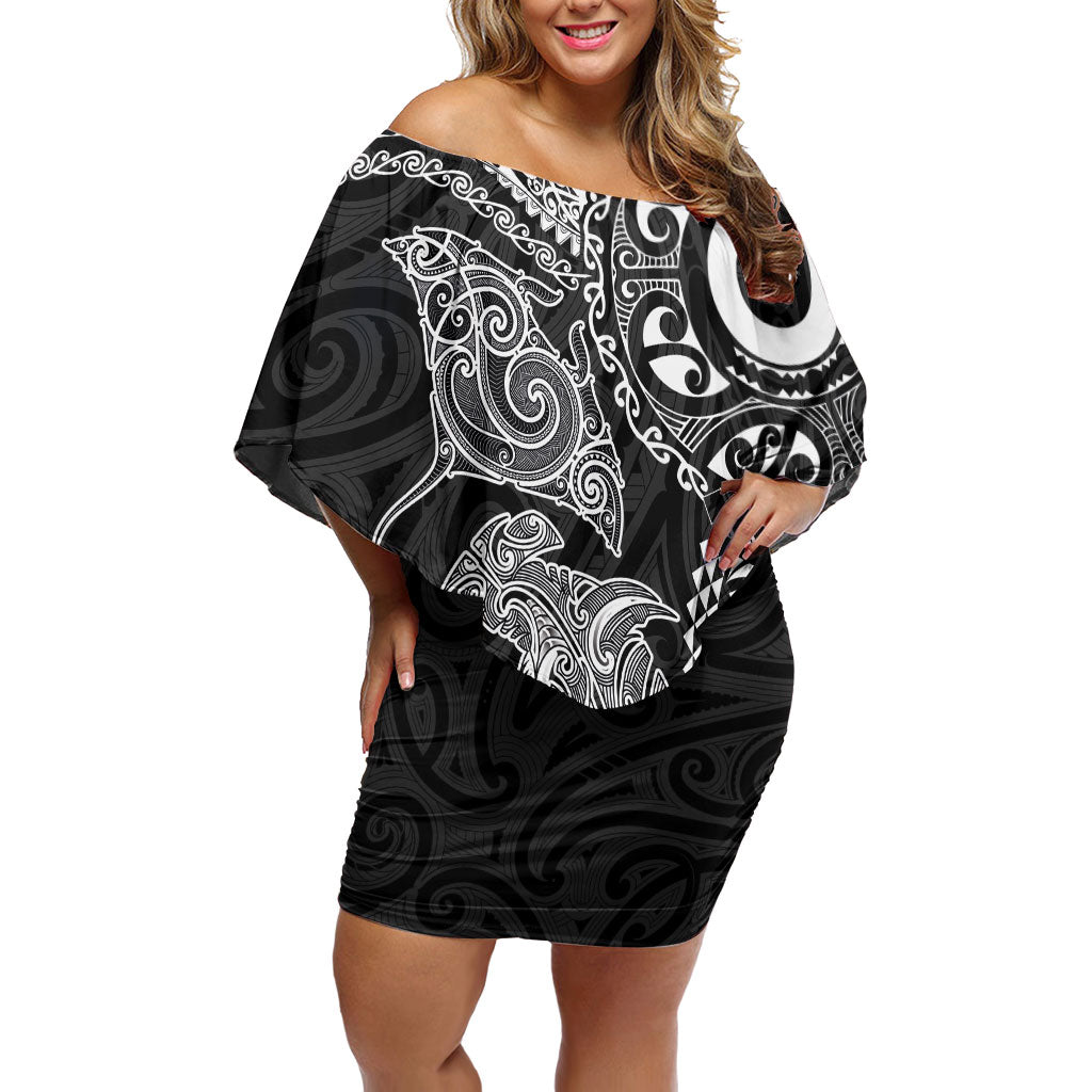 Aotearoa Maori Sea Animals Tribal Family Matching Off Shoulder Short Dress and Hawaiian Shirt Manta Ray and Shark Moko Pattern Black Color
