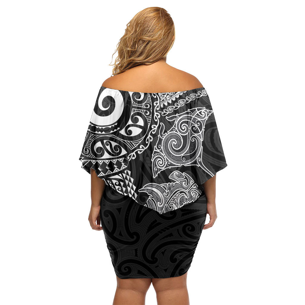 Aotearoa Maori Sea Animals Tribal Family Matching Off Shoulder Short Dress and Hawaiian Shirt Manta Ray and Shark Moko Pattern Black Color