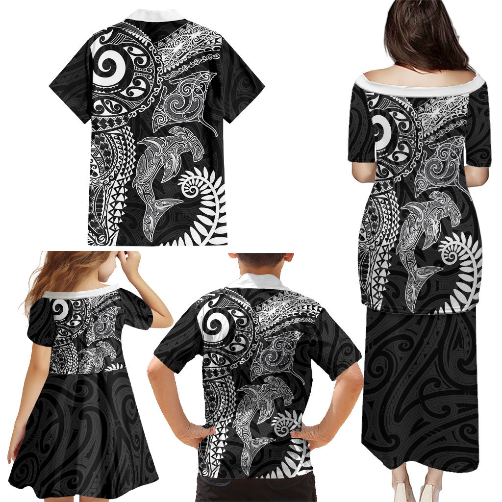 Aotearoa Maori Sea Animals Tribal Family Matching Puletasi and Hawaiian Shirt Manta Ray and Shark Moko Pattern Black Color