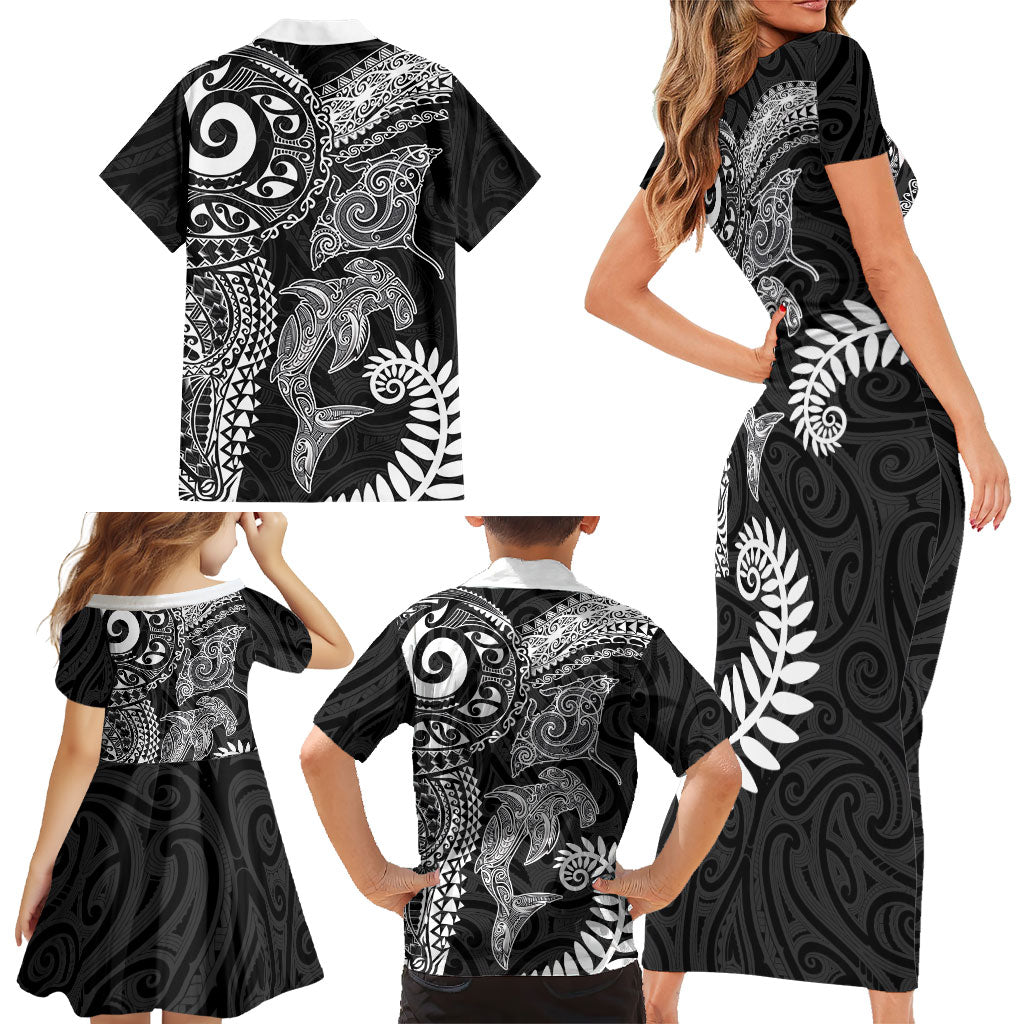 Aotearoa Maori Sea Animals Tribal Family Matching Short Sleeve Bodycon Dress and Hawaiian Shirt Manta Ray and Shark Moko Pattern Black Color