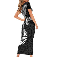 Aotearoa Maori Sea Animals Tribal Family Matching Short Sleeve Bodycon Dress and Hawaiian Shirt Manta Ray and Shark Moko Pattern Black Color