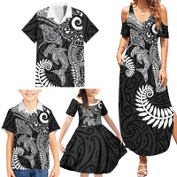 Aotearoa Maori Sea Animals Tribal Family Matching Summer Maxi Dress and Hawaiian Shirt Manta Ray and Shark Moko Pattern Black Color