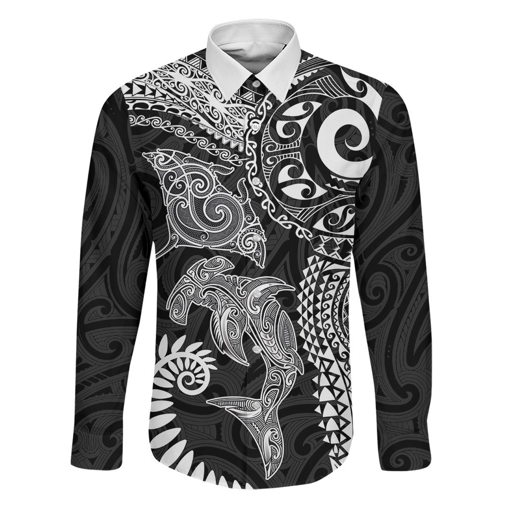 Aotearoa Maori Sea Animals Tribal Family Matching Summer Maxi Dress and Hawaiian Shirt Manta Ray and Shark Moko Pattern Black Color
