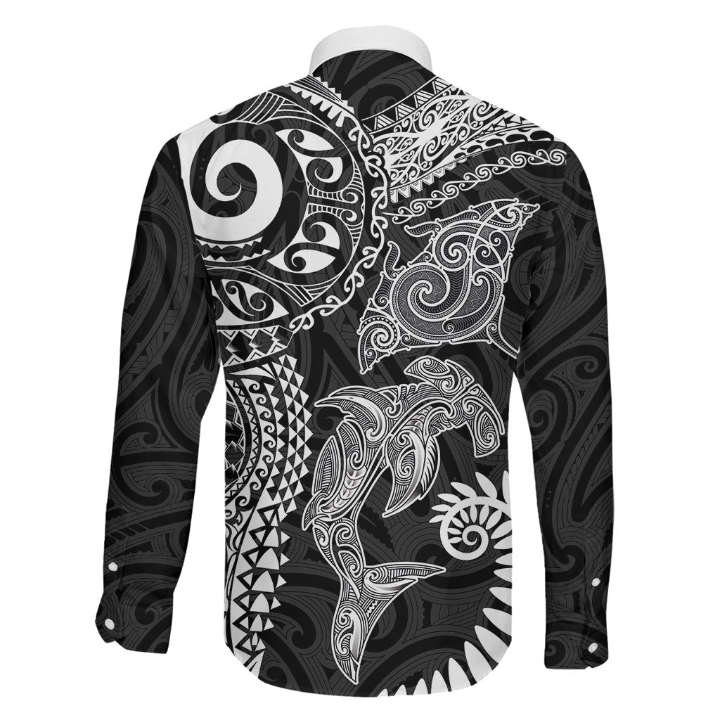 Aotearoa Maori Sea Animals Tribal Family Matching Summer Maxi Dress and Hawaiian Shirt Manta Ray and Shark Moko Pattern Black Color