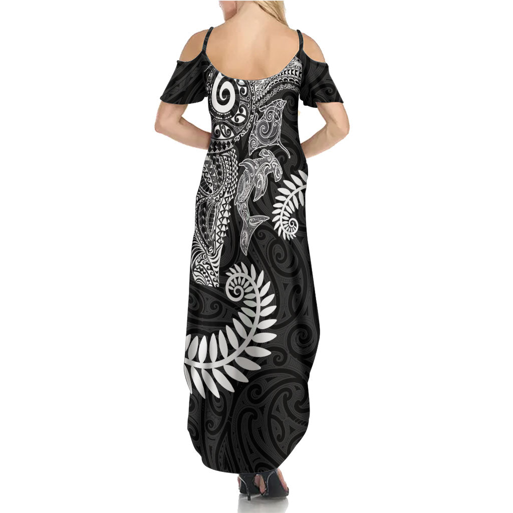 Aotearoa Maori Sea Animals Tribal Family Matching Summer Maxi Dress and Hawaiian Shirt Manta Ray and Shark Moko Pattern Black Color