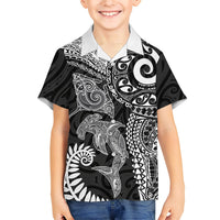 Aotearoa Maori Sea Animals Tribal Family Matching Summer Maxi Dress and Hawaiian Shirt Manta Ray and Shark Moko Pattern Black Color