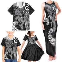 Aotearoa Maori Sea Animals Tribal Family Matching Tank Maxi Dress and Hawaiian Shirt Manta Ray and Shark Moko Pattern Black Color