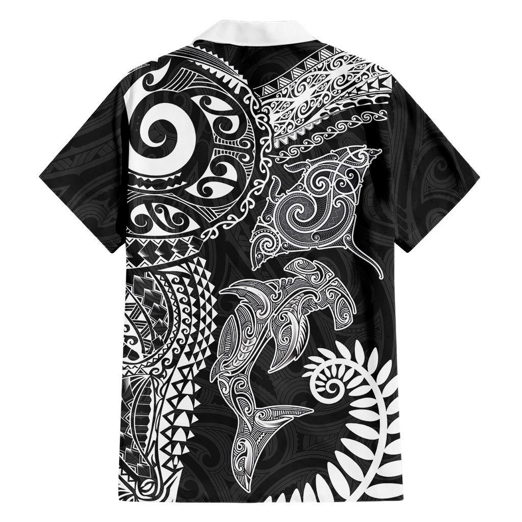 Aotearoa Maori Sea Animals Tribal Family Matching Tank Maxi Dress and Hawaiian Shirt Manta Ray and Shark Moko Pattern Black Color