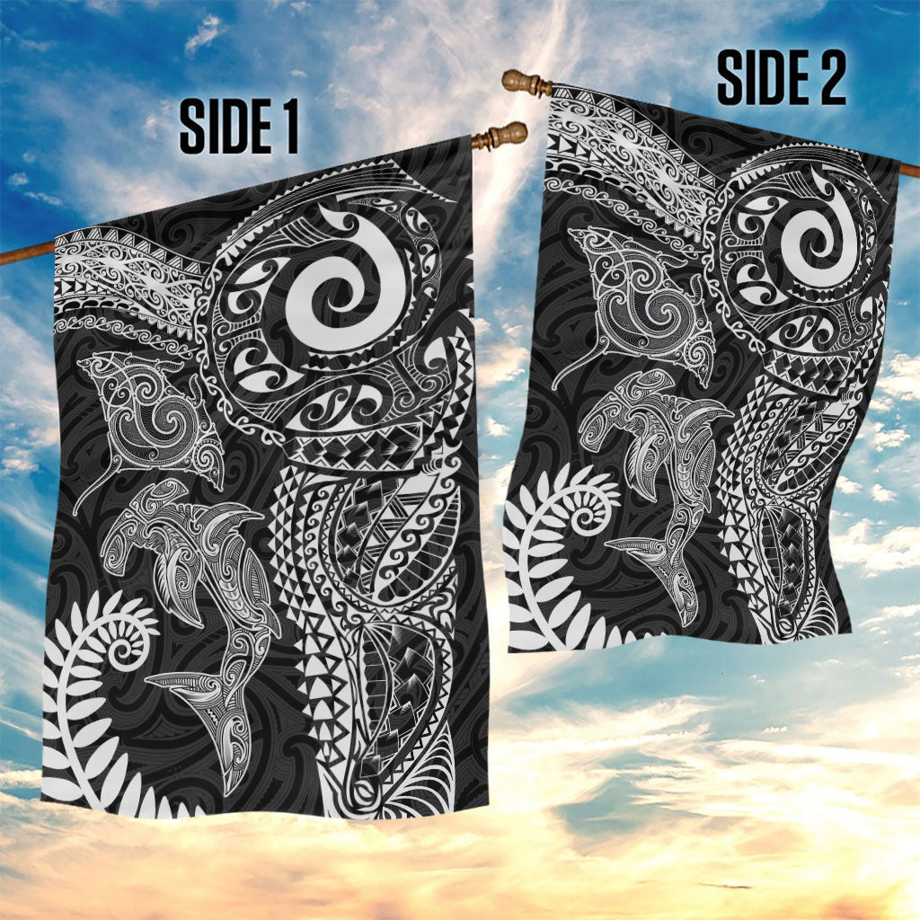 Aotearoa Maori Sea Animals Tribal Garden Flag Manta Ray and Shark Moko Pattern Black Color