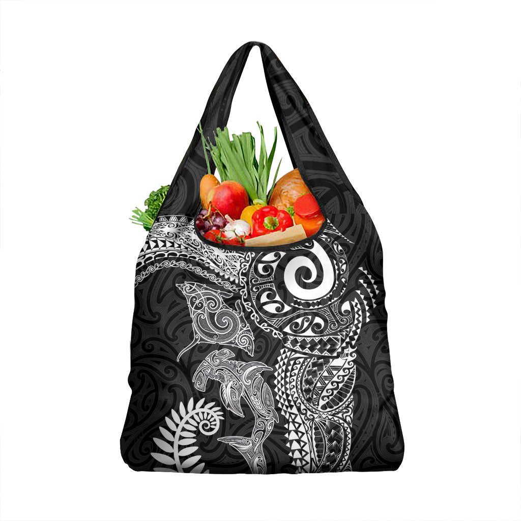 Aotearoa Maori Sea Animals Tribal Grocery Bag Manta Ray and Shark Moko Pattern Black Color