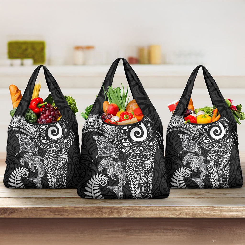 Aotearoa Maori Sea Animals Tribal Grocery Bag Manta Ray and Shark Moko Pattern Black Color LT03 3-pack One Size Black - Polynesian Pride