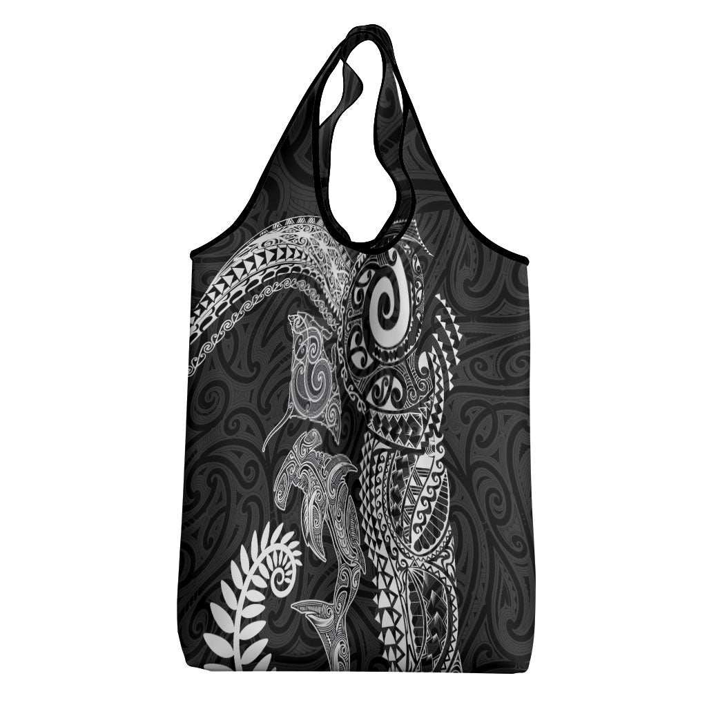 Aotearoa Maori Sea Animals Tribal Grocery Bag Manta Ray and Shark Moko Pattern Black Color LT03 - Polynesian Pride