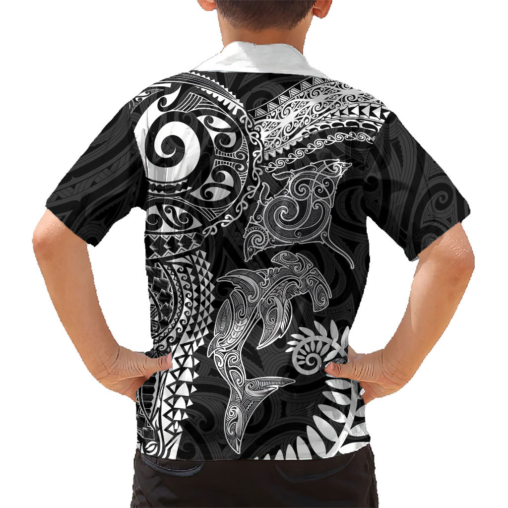 Aotearoa Maori Sea Animals Tribal Kid Hawaiian Shirt Manta Ray and Shark Moko Pattern Black Color