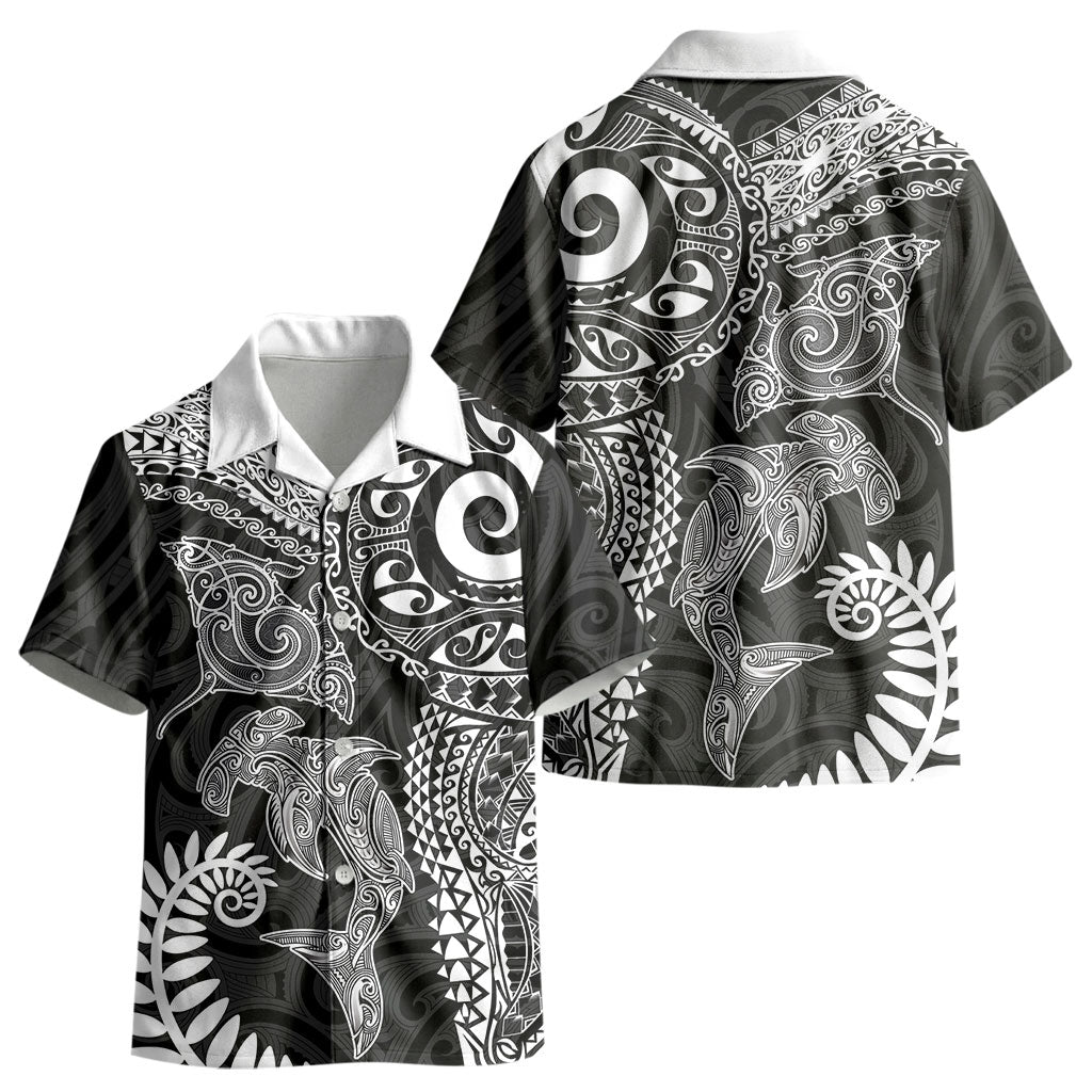 Aotearoa Maori Sea Animals Tribal Kid Hawaiian Shirt Manta Ray and Shark Moko Pattern Black Color LT03 - Polynesian Pride