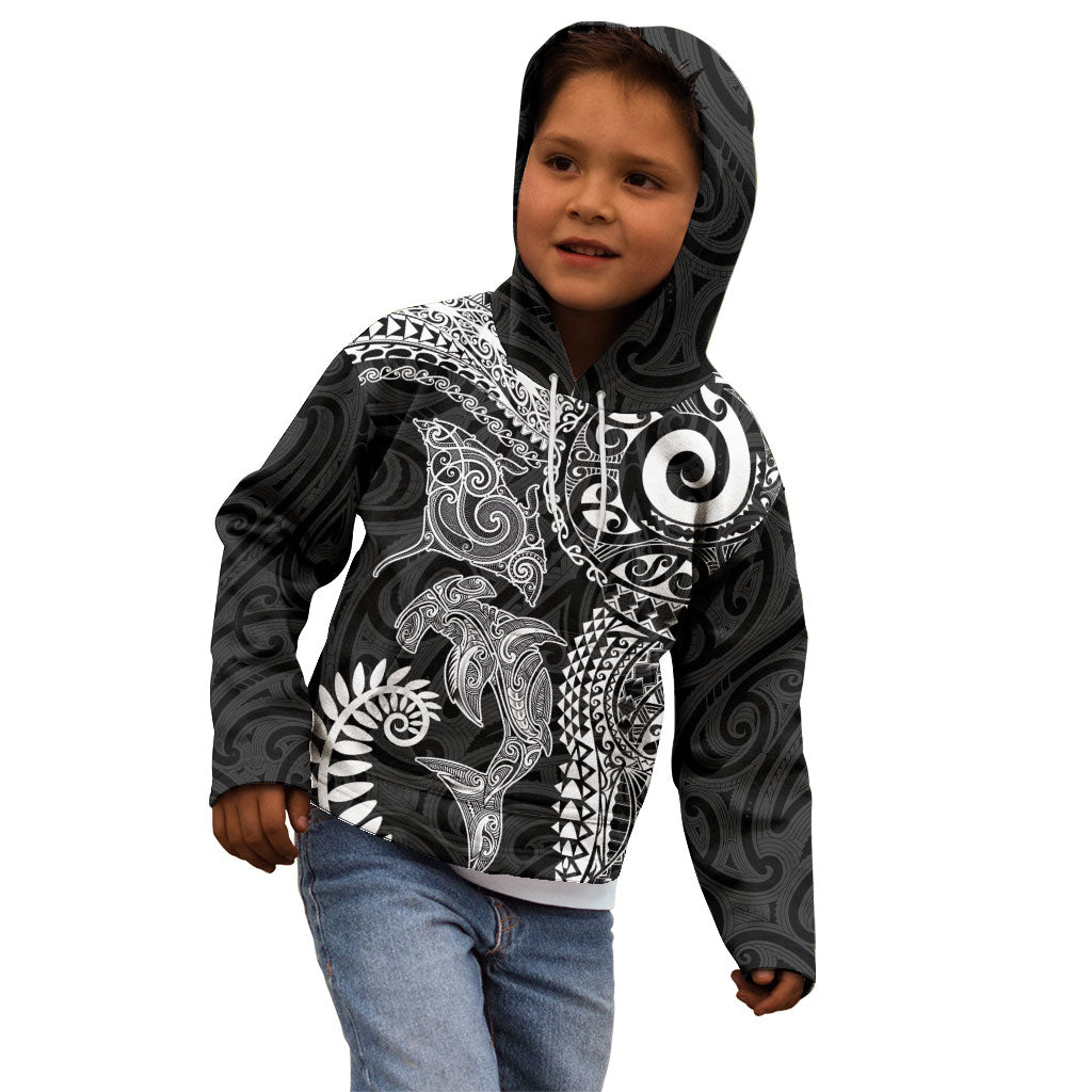 Aotearoa Maori Sea Animals Tribal Kid Hoodie Manta Ray and Shark Moko Pattern Black Color