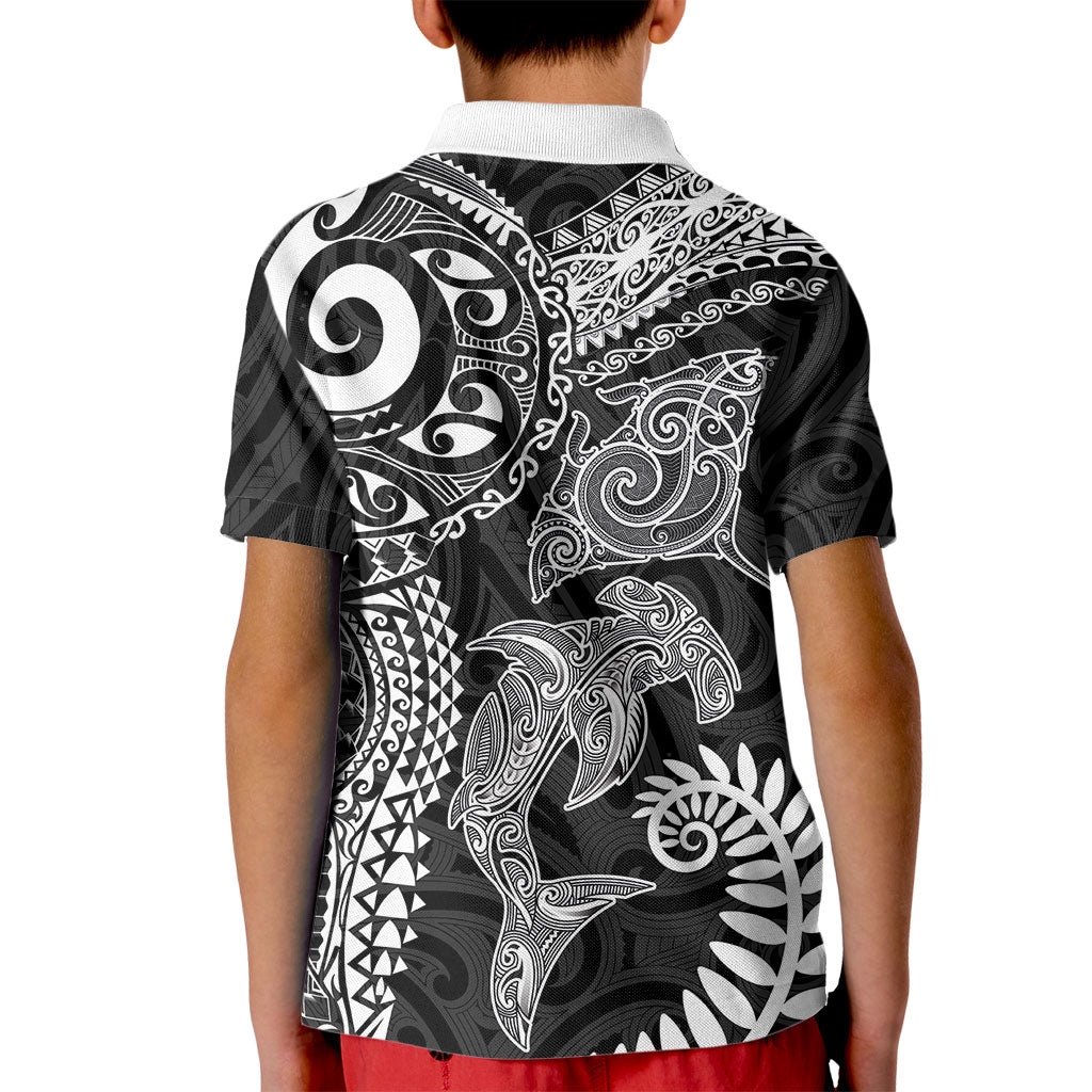 Aotearoa Maori Sea Animals Tribal Kid Polo Shirt Manta Ray and Shark Moko Pattern Black Color
