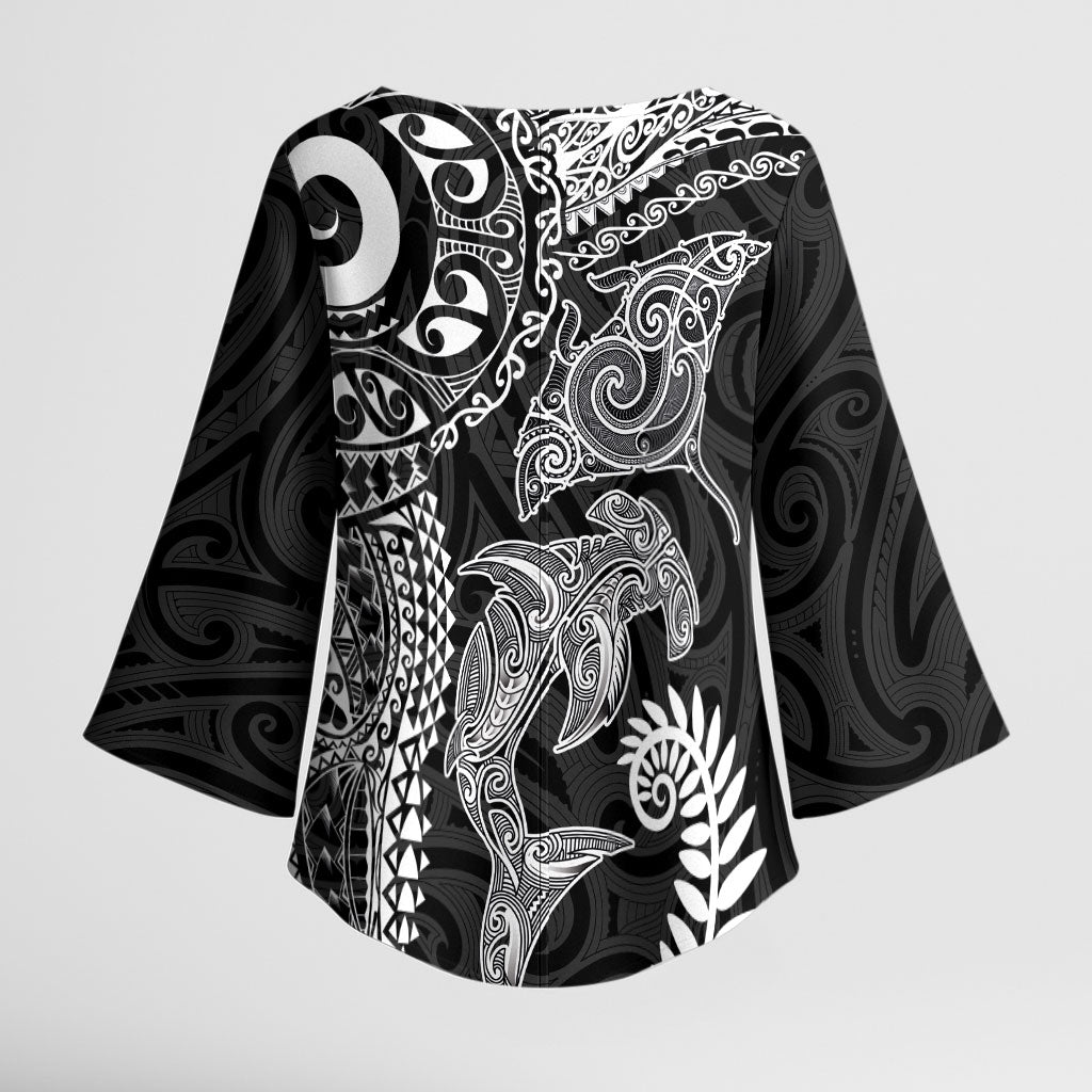 Aotearoa Maori Sea Animals Tribal Kimono Sleeve Blouse Manta Ray and Shark Moko Pattern Black Color
