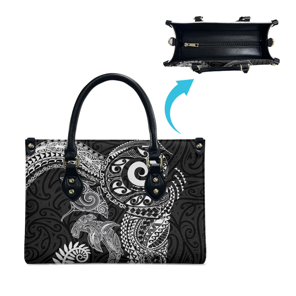 Aotearoa Maori Sea Animals Tribal Leather Bag Manta Ray and Shark Moko Pattern Black Color
