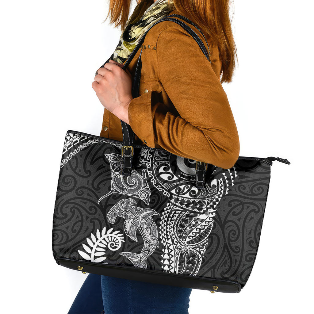 Aotearoa Maori Sea Animals Tribal Leather Tote Bag Manta Ray and Shark Moko Pattern Black Color
