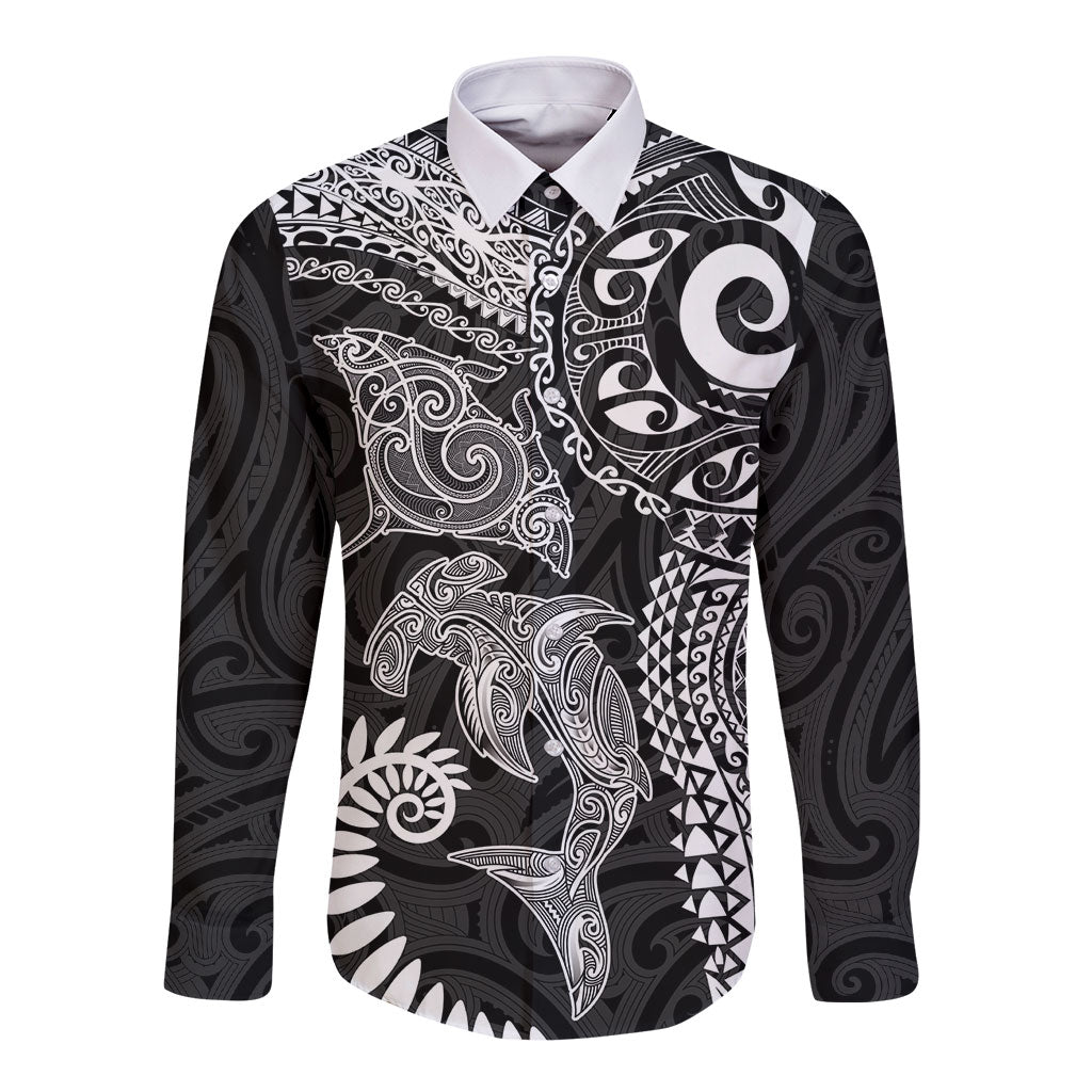 Aotearoa Maori Sea Animals Tribal Long Sleeve Button Shirt Manta Ray and Shark Moko Pattern Black Color