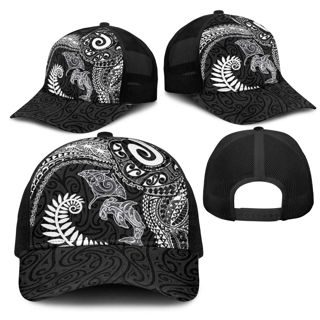 Aotearoa Maori Sea Animals Tribal Mesh Trucker Cap Manta Ray and Shark Moko Pattern Black Color