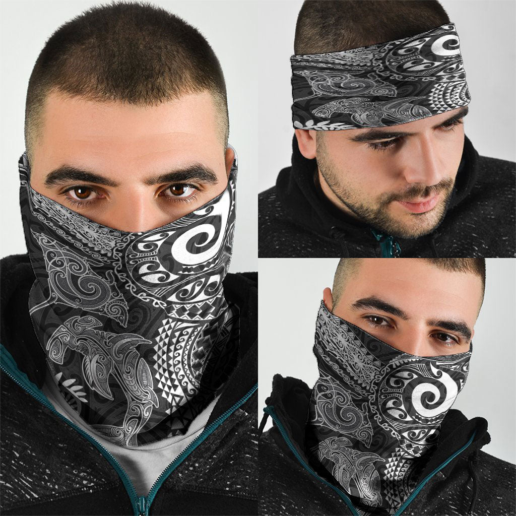 Aotearoa Maori Sea Animals Tribal Neck Gaiter Manta Ray and Shark Moko Pattern Black Color LT03 - Polynesian Pride