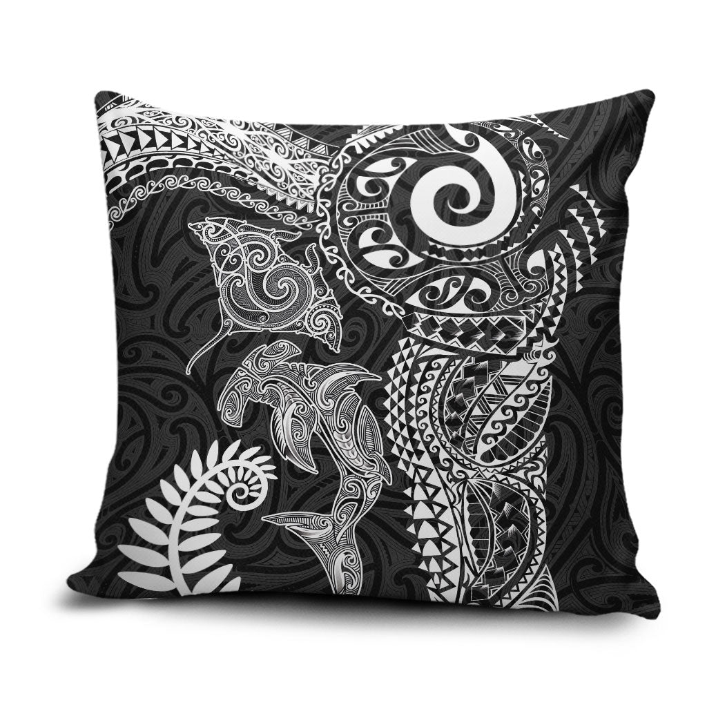 Aotearoa Maori Sea Animals Tribal Pillow Cover Manta Ray and Shark Moko Pattern Black Color LT03 Black - Polynesian Pride