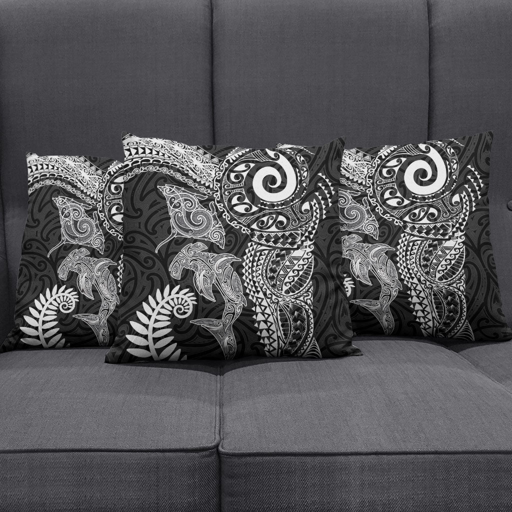 Aotearoa Maori Sea Animals Tribal Pillow Cover Manta Ray and Shark Moko Pattern Black Color LT03 - Polynesian Pride