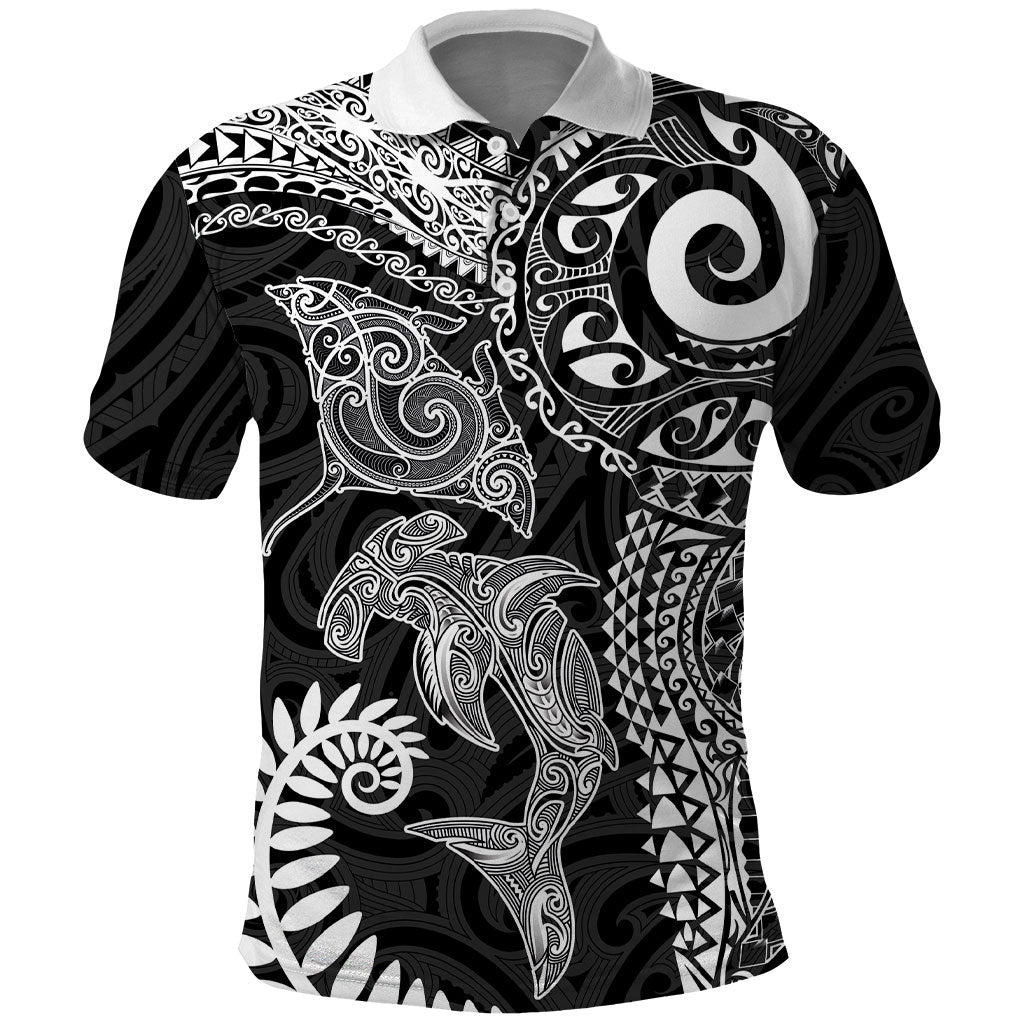 Aotearoa Maori Sea Animals Tribal Polo Shirt Manta Ray and Shark Moko Pattern Black Color