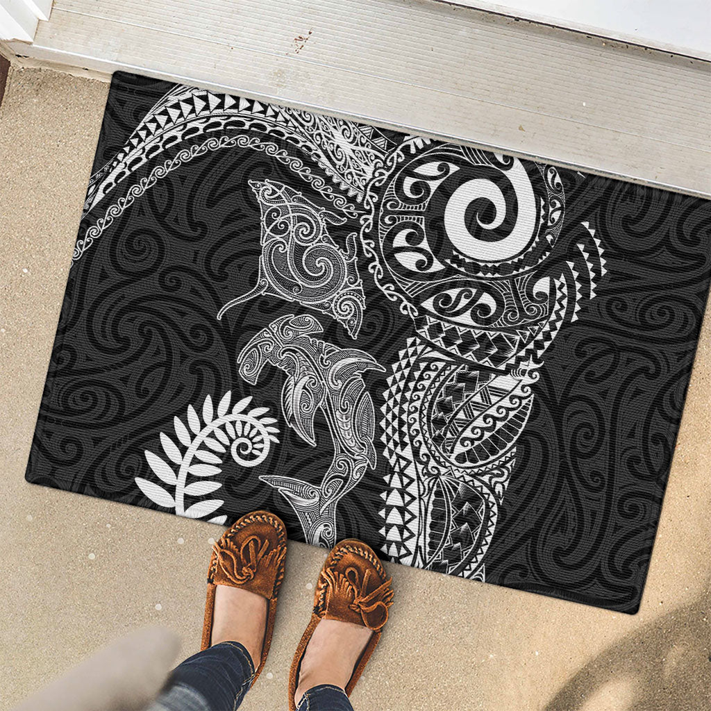 Aotearoa Maori Sea Animals Tribal Rubber Doormat Manta Ray and Shark Moko Pattern Black Color