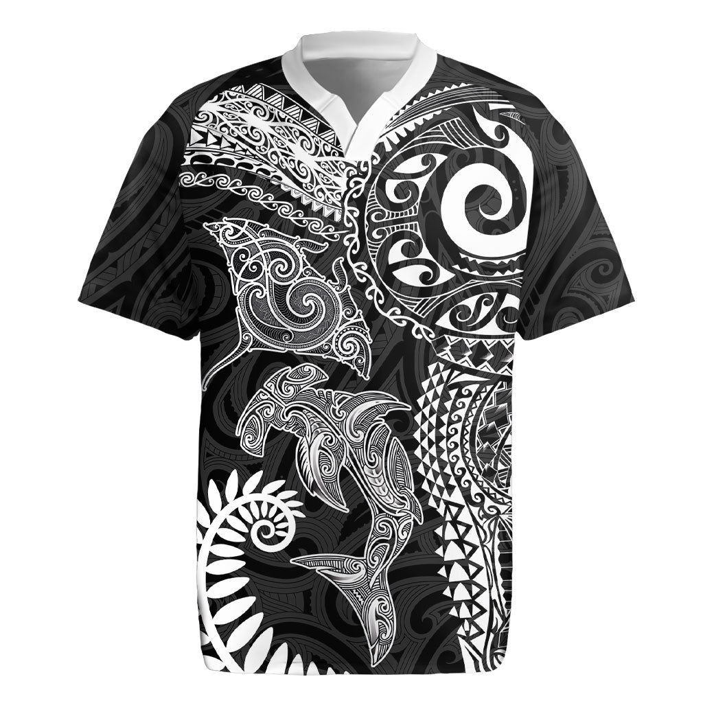 Aotearoa Maori Sea Animals Tribal Rugby Jersey Manta Ray and Shark Moko Pattern Black Color LT03 Black - Polynesian Pride