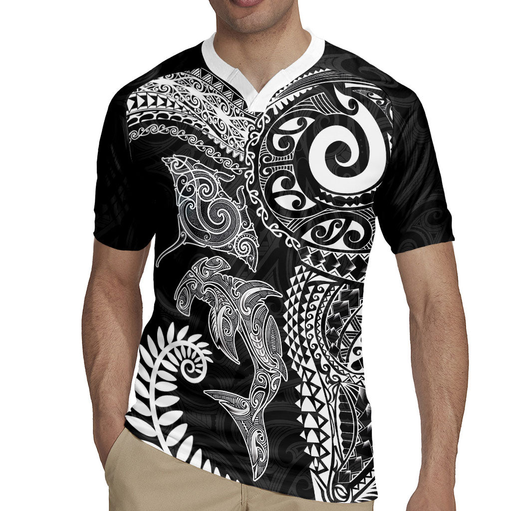 Aotearoa Maori Sea Animals Tribal Rugby Jersey Manta Ray and Shark Moko Pattern Black Color LT03 - Polynesian Pride