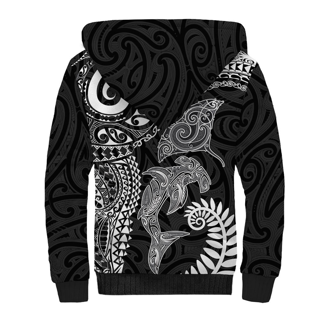 Aotearoa Maori Sea Animals Tribal Sherpa Hoodie Manta Ray and Shark Moko Pattern Black Color