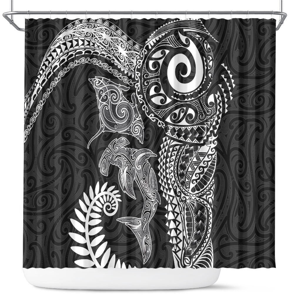Aotearoa Maori Sea Animals Tribal Shower Curtain Manta Ray and Shark Moko Pattern Black Color