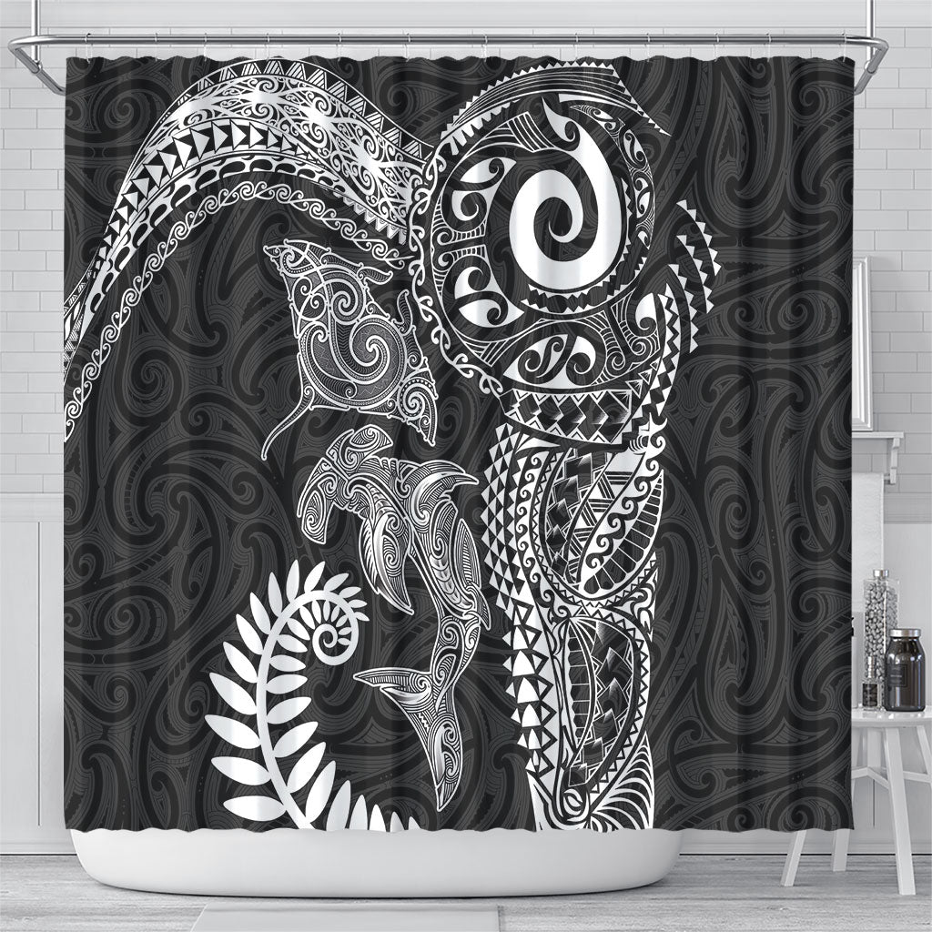 Aotearoa Maori Sea Animals Tribal Shower Curtain Manta Ray and Shark Moko Pattern Black Color